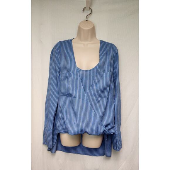 BCBGMAXAZRIA GINEVRA Striped Blue Scoop-Neck Wrap Hi-Lo Long Sleeve Blouse L - Picture 5 of 10